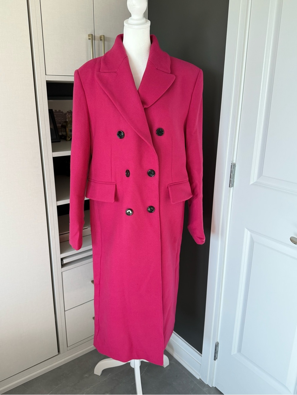 Mango Double-Breasted Long Trench Coat in Fuchsia